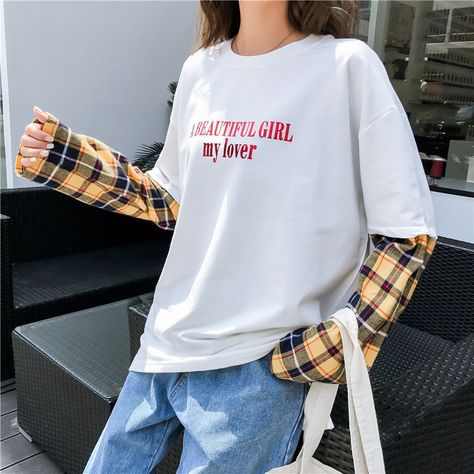 Fake two-piece plaid stitching letter long-sleeved T-shirt Hoodie Under Shirt Outfit, Under Shirt Outfit, Shirts Trendy, Old School Fashion, Korean Fashion Women, Tshirt Outfits, Chic Fashion, Casual Style Outfits, Dream Clothes