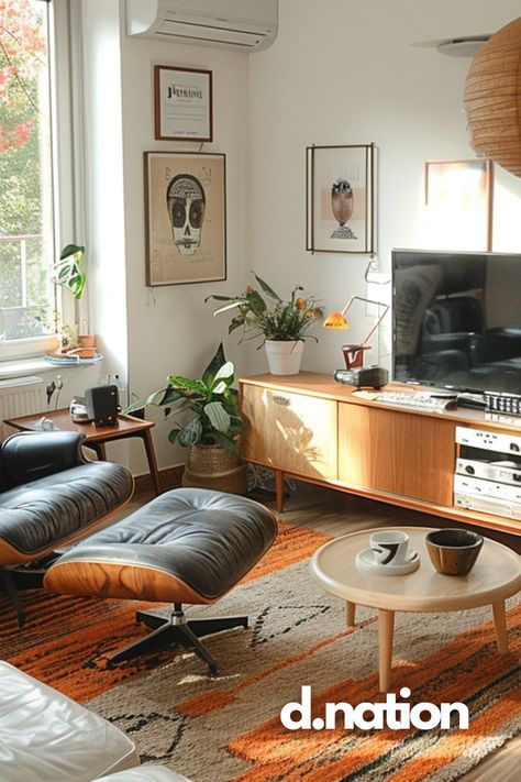 Step into a mid-century modern oasis: This stylish living room features a black leather lounge chair with an ottoman, a wooden side table, and a cosy corner filled with plants and framed art.  The room is bathed in natural light and topped off with an orange and beige patterned rug.   The perfect blend of comfort and style.  #dnation #VelvetElegance #HomeStyle #ChicLiving #TealLiving #InteriorGoals #DesignLove #RoomDecor #ArtisticLiving #ModernChic #InspirationForHome #EleganceInDesign Leather Couch Living Room Mid Century, Mid Century Modern Living Room Apartment, Modern Living Room Apartment, Black Leather Lounge Chair, Small Apartment Decor Ideas, Leather Couch Living Room, Living Room Mid Century, Small Apartment Decor, Leather Couches Living Room