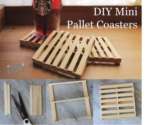 Popsicle Stick Coasters, Mini Pallet Coasters, Diy Coasters Tile, Pallet Coasters, Diy Popsicle Stick Crafts, Coasters Diy, Beer Soap, Recycled Art Projects, Coaster Crafts