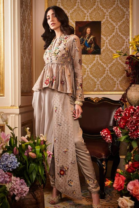 Buy Sahil Kochhar Embroidered Peplum Kurta And Cowl Pant Set Online | Aza Fashions Sahil Kochhar, Ethenic Wear, Indian Designers, Drape Pants, Indian Bridal Dress, New Address, Party Wear Indian Dresses, Stylish Dress Book, Indian Designer Wear