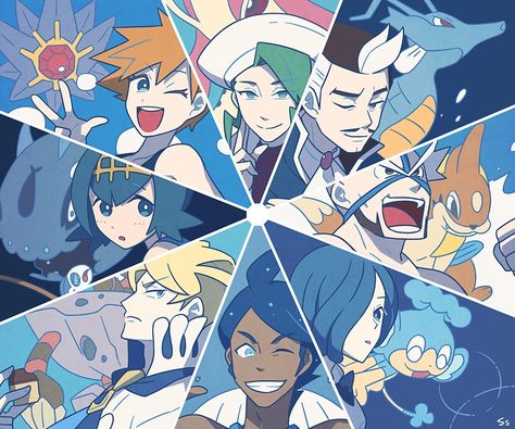 Water type trainers & gym leaders 💧💧💧💧💧💧💧💧💧 Elesa Pokemon, Pokemon Badges, Pokemon Gym Leaders, Water Type Pokemon, Pokemon Names, Cartoon Superhero, Pokémon Characters, Pokemon Gym, Pokemon Champions