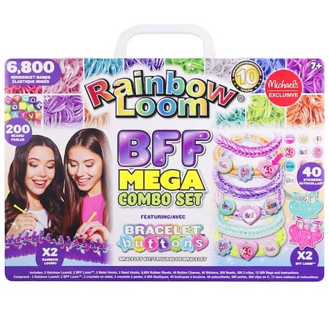 Buy the Rainbow Loom® BFF Mega Combo Set™ Bracelet Kit at Michaels. Make unique bracelets with this fun BFF Mega Combo Bracelet Kit. Make unique bracelets with this fun BFF Mega Combo Bracelet Kit. Use the included charms, rubber bands, stickers and more. Details: Includes assorted colors 7, 400 pieces Michaels exclusive Instructions included For ages 7 and upContents: 6, 800 rubber bands 300 c-clips 200 beads 40 button charms 40 stickers 12 gift bags 2 Rainbow Loom 2 BFF Loom 2 Metal hooks 2 be Rainbow Loom Kit, Mini Rainbow Loom Bracelets, Thick Rainbow Loom Bracelets, 22th Birthday, Rainbow Loom Bracelet Kit, Rainbow Loom Triple Single, 2 Bff, Loomless Rainbow Loom Charms, Button Charms