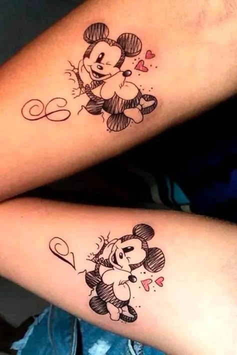 Hidden Mickey Tattoo, Matching Disney Tattoos, Disney Couple Tattoos, Mickey And Minnie Tattoos, Minnie Tattoo, Mickey Tattoo, Anniversary Tattoo, Wife Tattoo, Father Tattoos