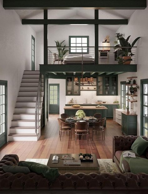 Small City Apartment, Loft Type House, Loft Homes, Bnb Ideas, Barndominium Interior, Loft House Design, Mini Loft, Interior Design Renderings, Tiny House Loft