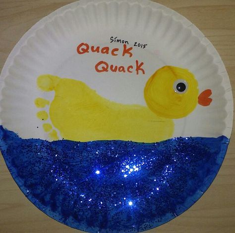 Duck Crafts For Infants, Duck Footprint Art, Preschool Duck Art, Pond Toddler Crafts, Pet Crafts For Infants, Duck Craft For Toddlers, April Art For Infants, Duck Art For Toddlers, End Of Summer Crafts For Infants