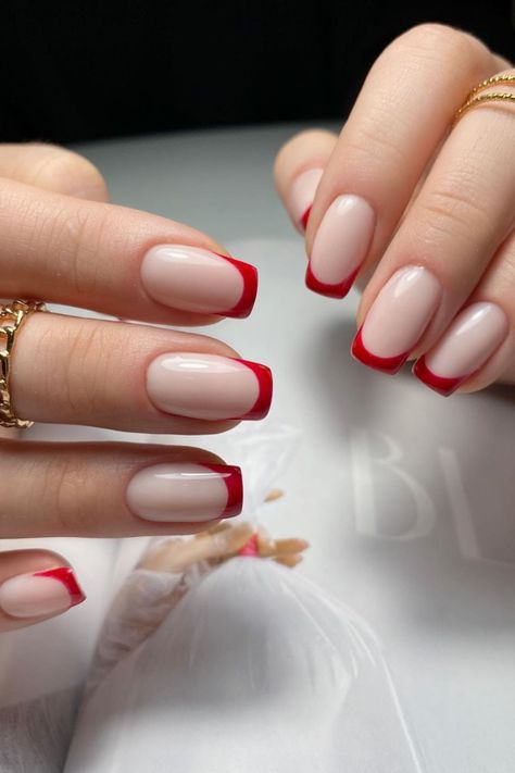 Red French Tip Nails Red Tipped Nails French, White Nails With Red French Tip, Red French Tip Nail Designs, Nails Red French, Red French Tip Nails, Red French Tips, Red French Manicure, Red Tip Nails, Tip Nail Designs