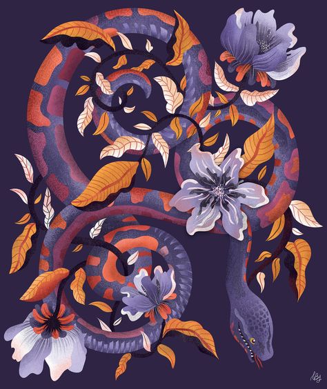 Snake Painting, Design Illustration Art, Belly Painting, Magical Art, Botanical Painting, Scary Art, Painting Gift, Pattern Illustration, Floral Illustrations