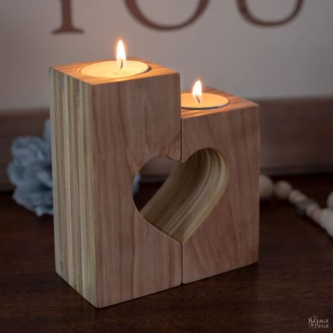 DIY Heart Candle Holders Valentine Wood Crafts, Heart Candle Holder, Wooden Candlestick, Heart Shaped Candles, Heart Candle, Large Candle Holders, Wooden Candle Sticks, Wood Candle, Valentines Mugs