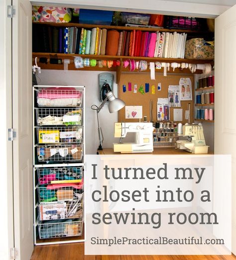 Lots of good tips for making a closet a work room, like putting lighting and electrical for a sewing room Closet Into Sewing Room, Living Room Sewing Space, Closet Into Craft Space, Small Sewing Space, Sewing Closet, Small Sewing Rooms, Sewing Nook, Make A Closet, Sewing Room Inspiration