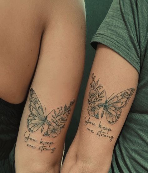 Sister Friend Tattoo Ideas, Unique Matching Sister Tattoos, Daughter Sleeve Tattoos For Mom, Tattoos For Besties Friendship, Mother Daughter Strength Tattoos, Butterfly Friend Tattoo, Daughter Quotes From Mom Tattoo, Women Tatoos Ideas Arm, Butterfly Tattoo For Mom And Daughter