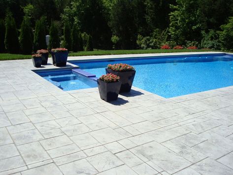 Stamped Concrete Around Pool, Concrete Around Pool, Poolside Ideas, Backyard Concrete, Concrete Stamping, Patio Floors, Concrete Backyard, Pool Surrounds, Pool Paving