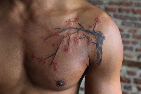 When men think about tattoo designs, a flower isn't generally one of the first things that comes to mind. Yet Cherry blossom tattoos for men (or Sakura Trees in Japanese culture) is something that have… Cherry Blossom Tattoo Men, Tree Tattoo Chest, Cherry Tree Tattoos, Men Flower Tattoo, Cherry Blossom Tree Tattoo, Tato Flash, Tree Tattoo Men, Blossom Tree Tattoo, Sakura Tattoo