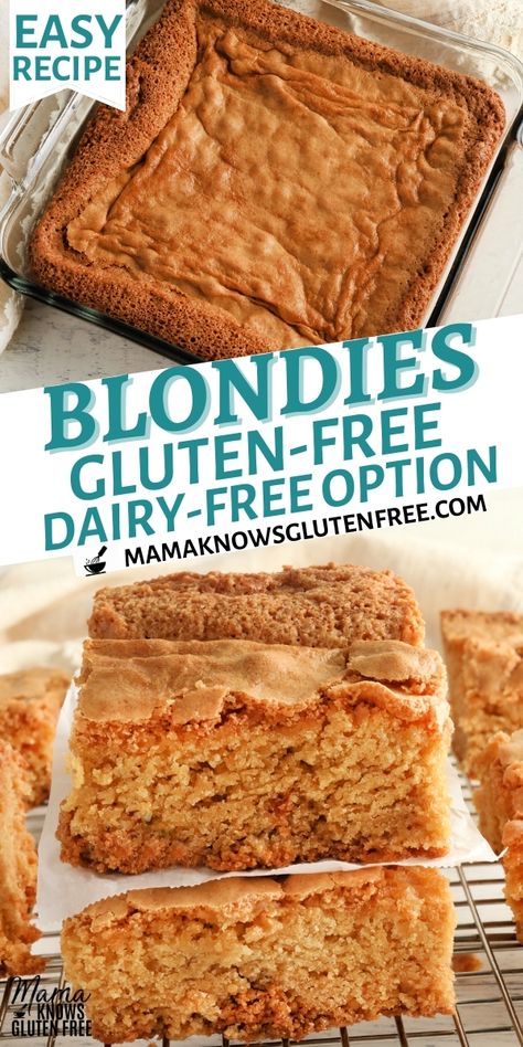 An easy recipe for gluten-free blondies. A sweet vanilla and brown sugar-flavored dessert bar. This gluten-free dessert recipe also has a dairy-free option. Gerd Dessert Recipes, Gf Blondies, Gluten Free Blondies, Mama Knows Gluten Free, Gluten Free Dairy Free Recipes Dinner, Fodmap Baking, Pillsbury Gluten Free, Gluten Free Dairy Free Dessert, Clean Sweets