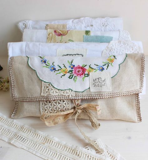 Roxy Vintage, Roxy Creations, Handkerchief Crafts, Fabric Journal, Linen Pouch, Cloth Pouch, Fabric Journals, Linens And Lace, Handmade Purses