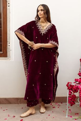 Kaftans | Buy Latest Designer Collection for Women Cutdana Work, Kaftan Styles, Drape Pants, Silk Kaftan, Silk Road, Wedding With Kids, Purple Velvet, Crop Top Blouse, Pant Set