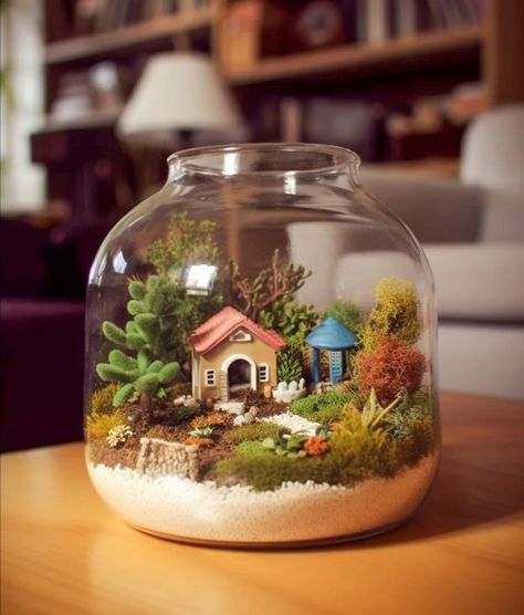 #ai-art Glass Jar Diorama, Jar Diorama, Procreate Kawaii, Room Box Miniatures, Beautiful Terrariums, Fairy House Diy, Glass Bottle Diy, Mini Fairy Garden, Fairy Garden Supplies