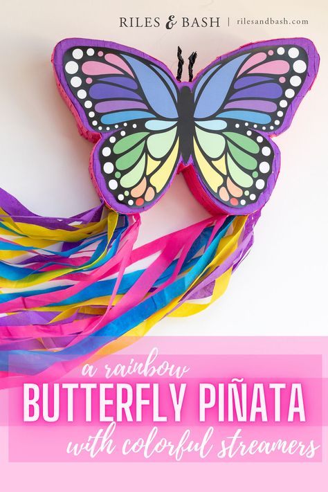 Riles & Bash Rainbow Butterfly Pinata with Colorful Streamers Butterfly Pinata, Paw Template, Easter Butterfly, Link Balloons, Butterfly Garden Party, Enchanted Party, Streamer Backdrop, Memory Jar, Butterfly Birthday Party