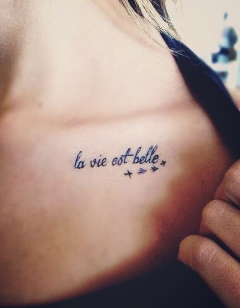 Here are 20 French word tattoos that actually make sense. #tattoo #french #inspo Words For Tattoos, Beautiful In French, French Word Tattoos, Belle Tattoo, French Tattoo, Petit Tattoo, Short French, Bone Tattoos, Collar Bone Tattoo