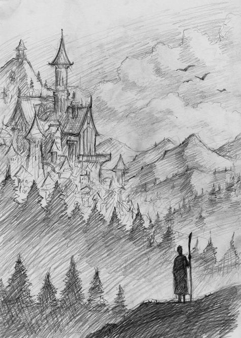 Landscape Pencil Drawings, Landscape Sketch, Fantasy Drawings, White Drawing, Architecture Drawing Art, Arte Sketchbook, Pencil Art Drawings, Landscape Drawings, Art Drawings Sketches Creative