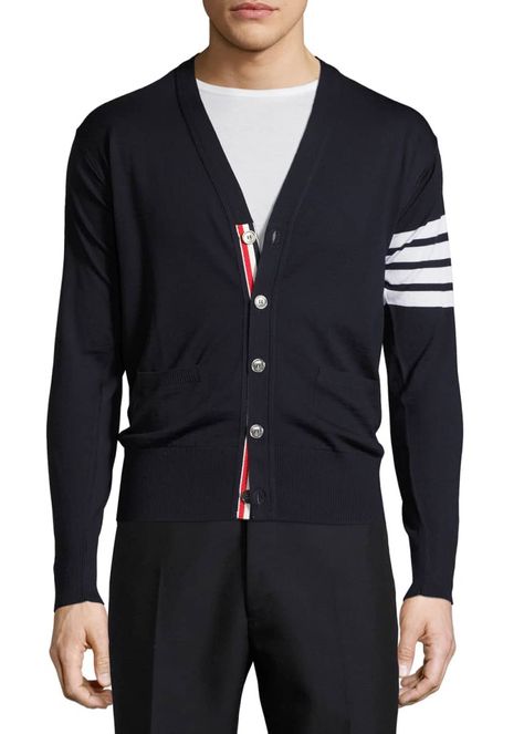 N4DJG Thom Browne Merino Wool V-Neck Cardigan with Four-Bar Stripe Thom Browne Menswear, Thom Browne Cardigan, Thom Browne Sweater, Turtleneck Hoodie, Mens Designer Sweaters, Jersey Cardigan, Crewneck Sweaters, Hoodies Pullover, Turtleneck Sweaters