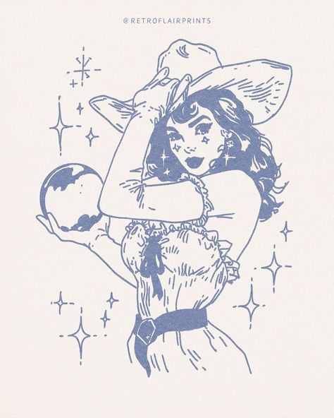 | Crystal Ball Cowgirl! 🔮 New Art Print up in my Etsy! - I really loved making this one! I think it came out really nice! - 🏷️:… | Instagram Cowgirls Tattoo, Someone Drawing Aesthetic, Crystal Drawing Aesthetic, Tattooed Cowgirl Aesthetic, Cowboy Aesthetic Art, Crystal Ball Drawing, Pin Up Cowgirl, Cowgirl Drawing, Vintage Cowgirl Art