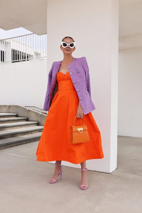 PURPLE AND ORANGE - Atlantic-Pacific Lavender Outfit, Orange Color Combinations, Bold Outfits, Blair Eadie, Purple Blazer, Orange Cut, Color Combinations For Clothes, Rebecca Vallance, Orange Outfit