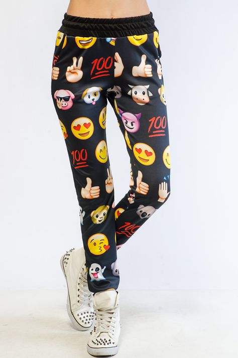 FUN EMOJI PRINT PANTS $18.99 Emoji Clothes, Fun Emoji, Emoji Birthday Party, Printed Socks, Emoji Birthday, Emoji Love, The Emoji, Cute Emoji, Dresses Trendy