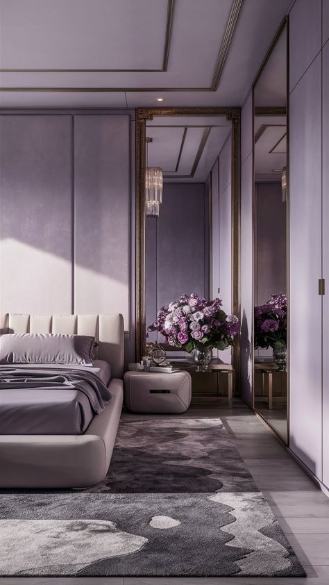 Upgrade your space with a lavender and gray bedroom—sophisticated, modern, and oh-so-stylish! Perfect for creating a calming yet elegant atmosphere. 💜🤍✨ #SophisticatedStyle #LavenderBedroom #GrayInteriors #ModernDecor #StylishLiving Purple Walled Bedroom, Grey And Lavender Bedroom, Grey And Purple Bedroom, Romantic Purple Bedroom, Bedroom Sophisticated, Purple Wall Bedroom, Charcoal Grey Bedrooms, Purple And Gray Bedroom Ideas, Purple And Gray Bedroom