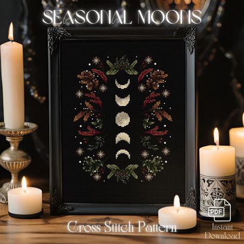 ♰ Mystic Cross Stitch Pattern - Seasonal Moons| Digital PDF Pattern ♰ 🖤 What's Included: A PDF file containing: 。The detailed cross-stitch pattern in both color and black and white, full-page and enlarged 。Information on recommended DMC colors 。Final dimensions 。Clear and easy-to-follow instructions 🖤 Instructions for Ordering and Downloading: 。Add to Cart: Select the desired pattern(s) and add them to your cart. 。Proceed to Payment: Complete your purchase by following the payment steps. 。Inst Gothic Christmas Cross Stitch, Dark Academia Cross Stitch, Gothic Cross Stitch Patterns Free, Witchy Cross Stitch Patterns, Dark Cross Stitch, Folk Cross Stitch, Home Decor Easy Diy, Pagan Cross Stitch, Moon Cross Stitch Pattern