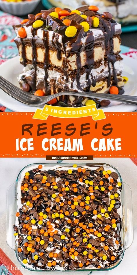 Reese’s Ice Cream Cake, Reeses Ice Cream Cake, Halloween Ice Cream Cake, Ice Cream Cake Recipe Easy, Peanut Butter Ice Cream Cake, Ice Cream Sandwich Cake Recipe, Reeses Ice Cream, Ice Cream Sandwich Dessert, Refrigerated Desserts