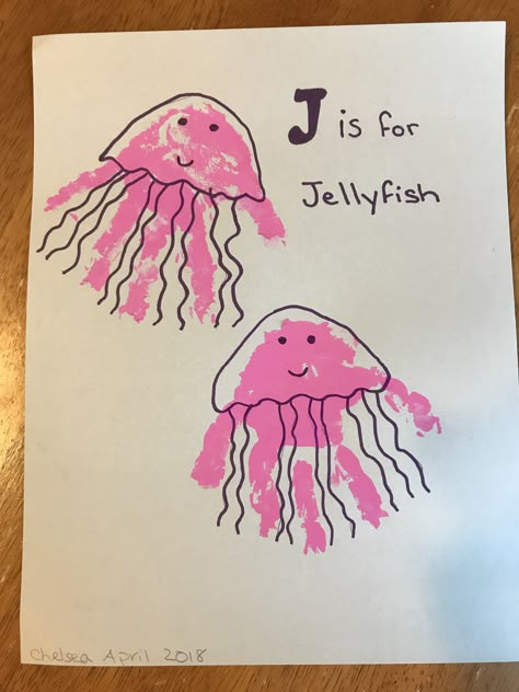 J is for Jellyfish Handprint art Hand Jellyfish Craft, Letter J Footprint Craft, J Is For Jellyfish Handprint, Jellyfish Footprint Art, J Is For Handprint Craft, Handprint Art Infants, I Is For Handprint Craft, Ocean Animal Handprint Art, Sea Animal Handprint Craft