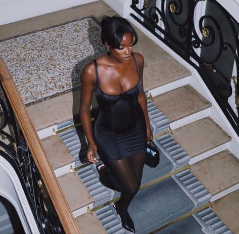 Black Stockings Outfit, It Girl Energy, Black Femininity Aesthetic, Girl Energy, Stockings Outfit, Aesthetic Photoshoot, Dress With Stockings, Black Femininity, Black Luxury