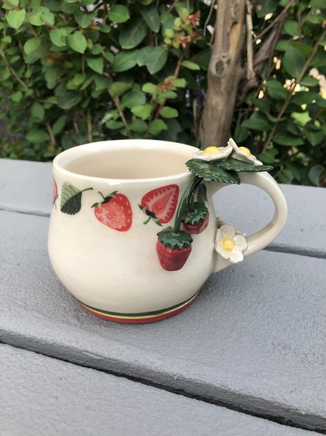 Porcelain Wheel-thrown Strawberry Mug Pottery Strawberry Mug, Pretty Mugs Ceramic, Unique Thrown Pottery, Mug Wheel Thrown, Porcelain Cup Design, Pottery Painting Cups Design, Strawberry Mug Pottery, Cute Mug Handles, Wheel Clay Ideas