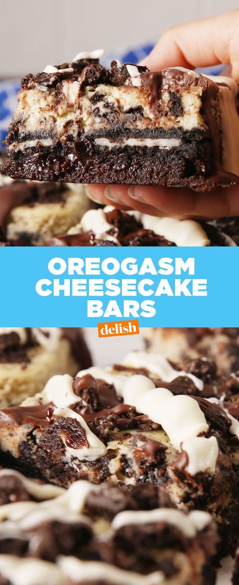 Oreogasm Cheesecake BarsDelish Xmas Deserts, Oreo Cheesecake Bars, Cheesecake Bar, Cheesecake Bar Recipes, Suggestion Box, Salty Cake, Oreo Cheesecake, Cheesecake Bars, Chocolate Cheesecake