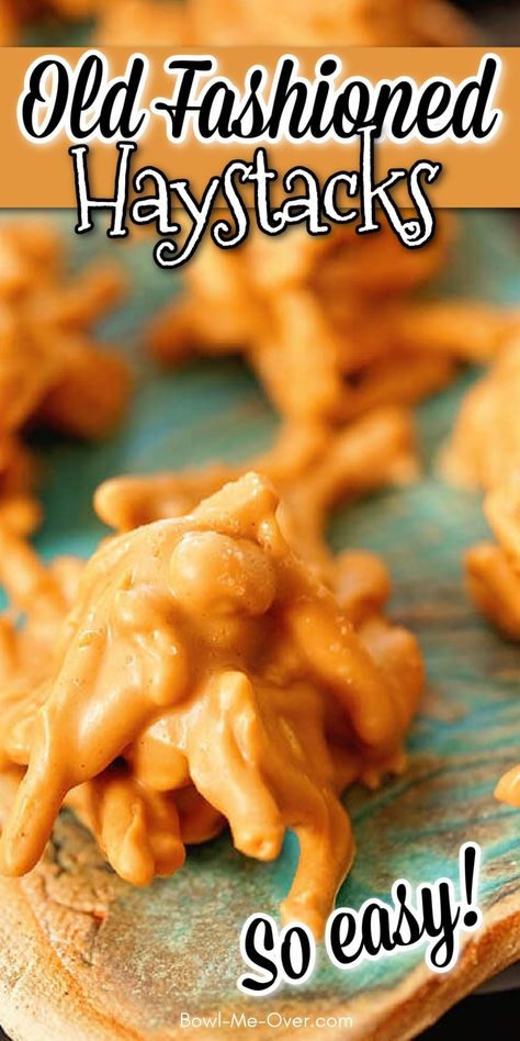 Butterscotch Haystacks Recipe - These no bake cookies filled with crunchy noodles, peanuts, butterscotch and peanut butter morsels, only minutes to make. Topped with a pinch of salt these bites become the perfect salty-sweet treat! Great for Christmas trays and cookies for Santa! Hay Stacks Recipe, Crunchy Noodles, Butterscotch Haystacks, Butterscotch Cookies Recipes, Haystack Cookies, Haystacks Recipe, Butterscotch Candy, Butterscotch Cookies, Peanut Cookies