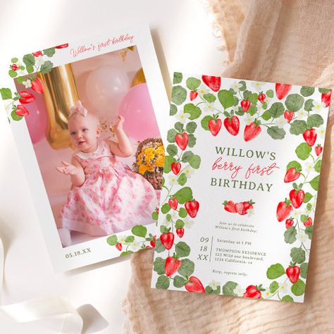 $2.92 | Cute strawberries floral red berry 1st birthday | Birthday Invitations | red and green floral botanical, modern script typography, elegant colorful 1st birthday, baby turning one first birthday, berry first birthday, red watercolor strawberries fruit, green foliage, photo, fun first birthday, spring summer party Watercolor Strawberries, Berry First Birthday, 1st Birthday Party Invitations, Spring Birthday, 2nd Birthday Invitations, Cadeau Photo, Cute Strawberry, 1st Birthday Invitations, First Birthday Invitations