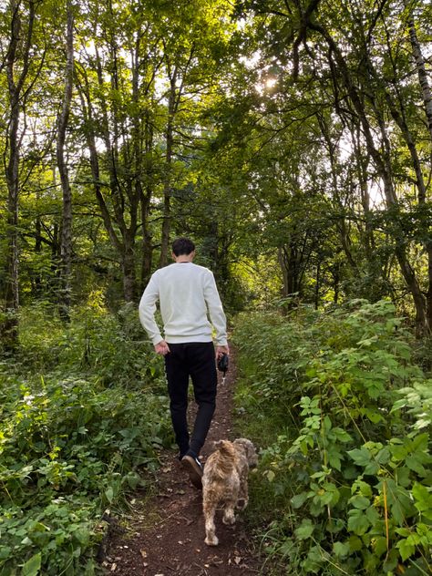 Man And Dog Aesthetic, Summer Dog Walking Outfit, Calm Boy Aesthetic, Man With Dog Aesthetic, Walking Dogs Aesthetic, Walking The Dog Aesthetic, Walks With Boyfriend, Couple With Dog Aesthetic, Dog And Boyfriend