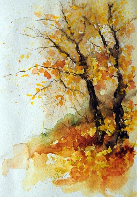 Watercolor Art Scenery, Fall Watercolor Art, Landscape Drawing Tutorial, Fall Landscape Painting, Watercolour Challenge, Trees Watercolor, Tree Watercolor Painting, Autumn Watercolor, Abstract Tree Painting