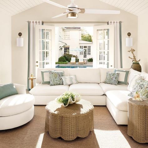 Embracing serene hues and natural textures 🌿 In this coastal-inspired space we've blended soft white and calming greens, creating a tranquil oasis perfect for relaxation. The woven accents add a touch of organic charm, seamlessly connecting the room with the outdoor views. Shop the look in bio. Colorado Kitchen, Banquette Dining, Elegant Outdoor Furniture, Outdoor Umbrella Stand, Chaise Lounge Sofa, Daybed With Storage, Rug Runner Kitchen, Outdoor Furniture Collections, Outdoor Cushions And Pillows