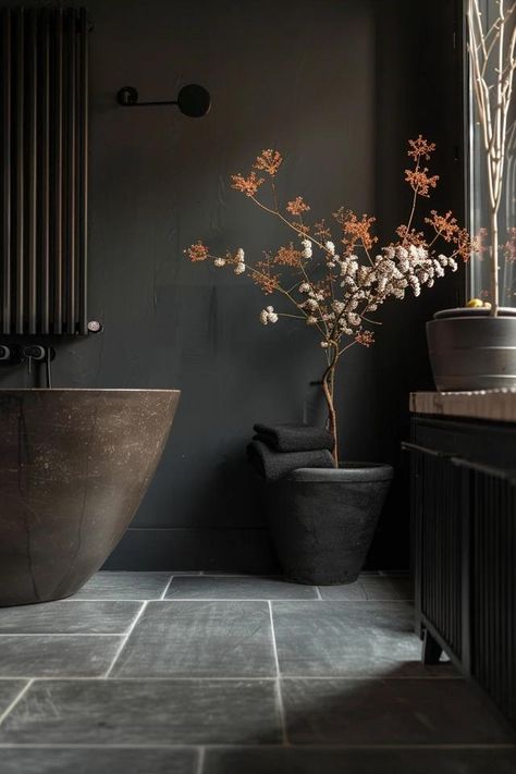 Sleek Black Bathroom Floor Ideas for Chic Homes Charcoal Floor Bathroom, Black Beach Bathroom, Bathrooms With Black Tile Floors, Black Tile Master Bath, Black Bathroom Tile Floor, Dark Bathroom Floors, Black Slate Bathroom Floor, Master Bathrooms 2024 Trends Modern, Black Guest Bathroom