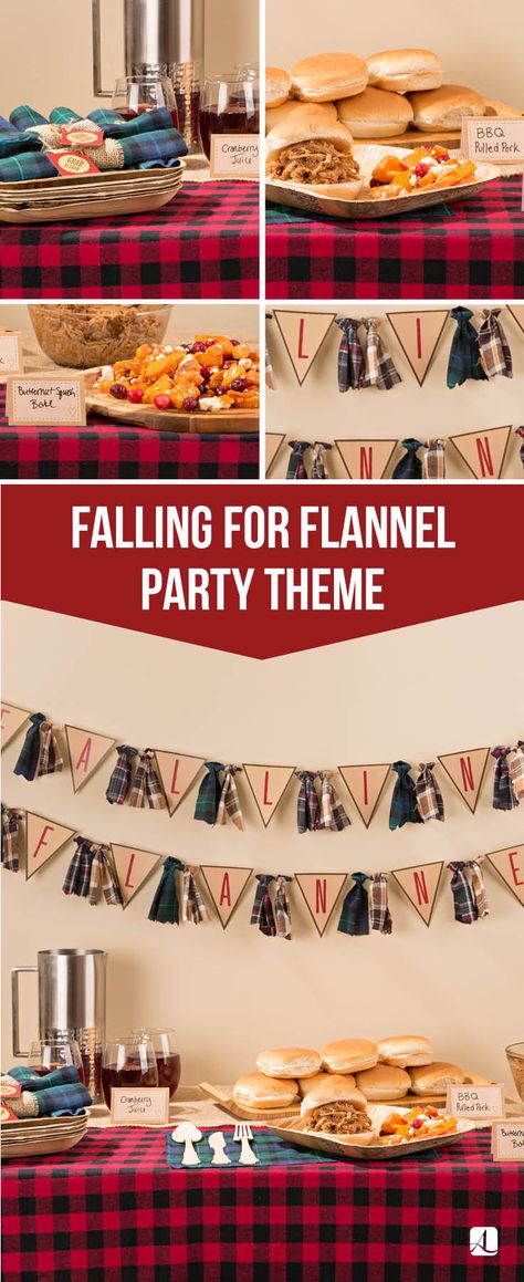 Get Fall Festive with a Flannel Party! | Comfort Food and Comfortable Clothes  #bbq #sliders #flannel Christmas Party Breakfast, Flannel And Fizz, Bbq Theme Party, Flannel Party, Camping Party Favors, Party Breakfast, Breakfast With Santa, Holiday Party Drinks, Bbq Theme