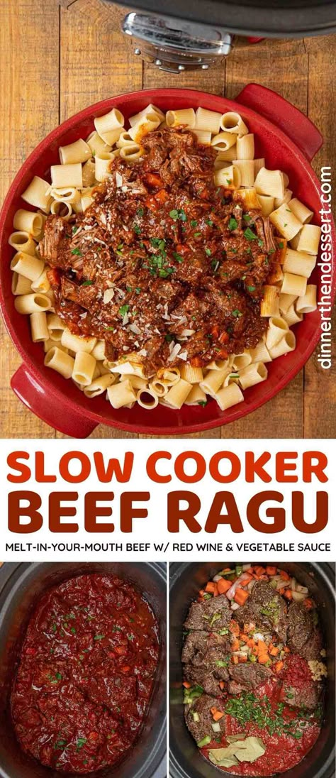 Braised Beef Ragu is a melt-in-your-mouth Italian comfort food in your crock pot with tender chuck roast in a rich red wine and vegetable tomato sauce. #dinner #slowcooker #crockpot #beef #ragu #pasta #dinnerthendessert Slow Cooker Beef Ragu, Beef Ragu Recipe, Chuck Roast Recipes, Resep Pasta, Beef Ragu, Ragu Recipe, Crockpot Beef, Braised Beef, Healthy Comfort Food