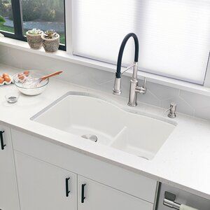 Elkay Quartz Classic 33" L x 22" W Double Basin Undermount Kitchen Sink | Wayfair Low Partition, Double Bowl Undermount Kitchen Sink, Granite Composite Kitchen Sink, Silgranit Sink, Granite Composite Sinks, Double Kitchen Sink, Composite Sink, Bathroom Sink Drain, Double Bowl Kitchen Sink