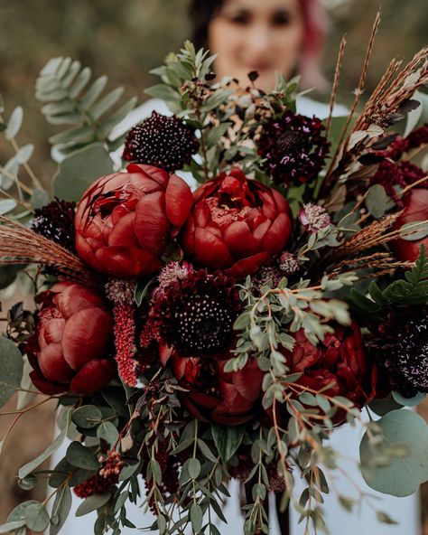 Deep Red Peony Wedding Bouquet Flit Photography #wedding #peony #weddingbouquet Dark Peonies Bouquet, Red Black And Green Bouquet, Dried Red Flowers, Spooky Wedding Flowers, Red Dried Flower Bouquet, Moody Fall Bouquet, Dark Bouquet Wedding, Autumn Wedding Flowers October Bridal Bouquets, Alchemy Wedding