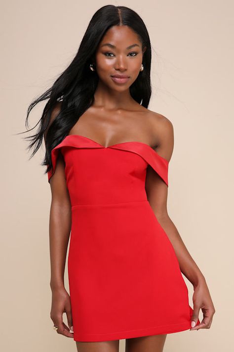 Truly Enticing Red Off-the-Shoulder Mini Dress Short Formal Dresses Winter, Red Off The Shoulder Mini Dress, Red Winter Formal Dress, Off The Shoulder Hoco Dress Short, Semi Formal Dresses Classy, Turnabout Dresses Short, Home Coming Dresses 2024 Red, Red Formal Mini Dress, Red Dresses Mini