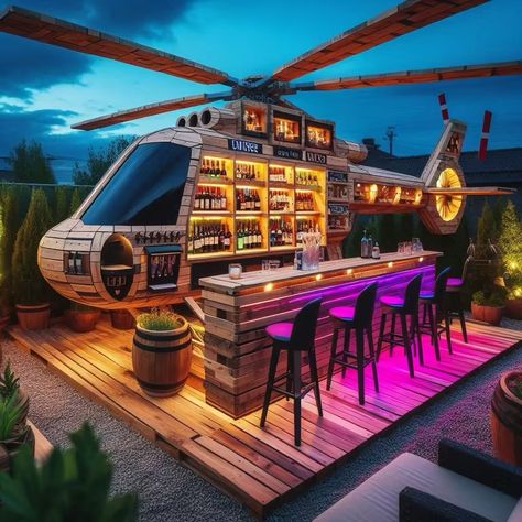 Helicopter Outdoor Bar Helicopter Art, Aviation Theme, Ultimate Backyard, Entertaining Space, Themed Drinks, Outdoor Entertaining Spaces, Outdoor Office, Vintage Aviation, Bar Set Up