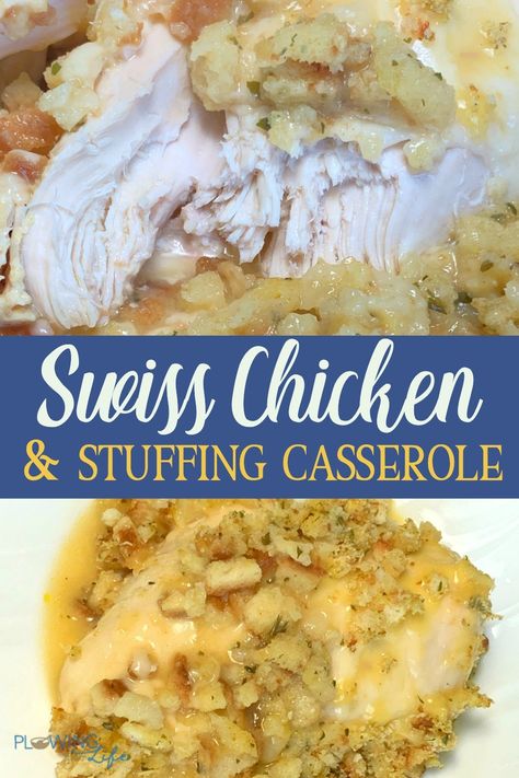 Simple ingredients make a very memorable and EASY Crock Pot Swiss Chicken & Stuffing Casserole!  Chicken breast, swiss cheese, cream of chicken soup, a box of stuffing, chicken broth and butter make one of the BEST recipes in our crock pot rotation!  The chicken is so tender and shreds easily to mix into the flavorful stuffing and gravy. Easy Stuffed Pork Chops, Swiss Chicken Bake, Stuffing Chicken, Grilled Duck, Crockpot Stuffing, Mom Meals, Swiss Chicken, Chicken Stuffing Casserole, Chicken And Stuffing