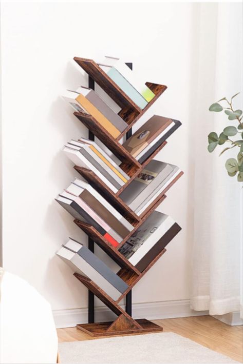 HOOBRO tall tree woden bookshelf rustic, simplistic, abstract bookshelf Abstract Bookshelf, Standing Book Shelf, Bookshelf Rustic, Dvd Stand, Tree Bookcase, Standing Bookshelf, Living Room Rustic, Tree Bookshelf, Tall Bookcase