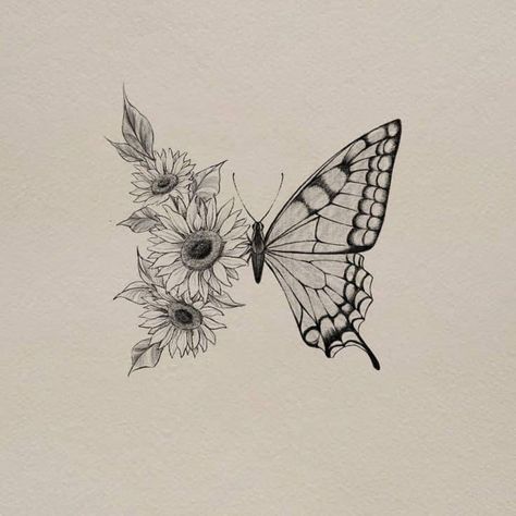 Sunflower Butterflies Tattoo, Small Butterfly And Sunflower Tattoo, Sunflower Half Tattoo, Sunflowers Butterfly Tattoo, Butterfly With Sunflowers Tattoo, Tattoo Sunflower And Butterfly, Half Butterfly Half Daisy Tattoo, Butterfly Tattoo Sunflower, Monarch Butterfly With Sunflower Tattoo