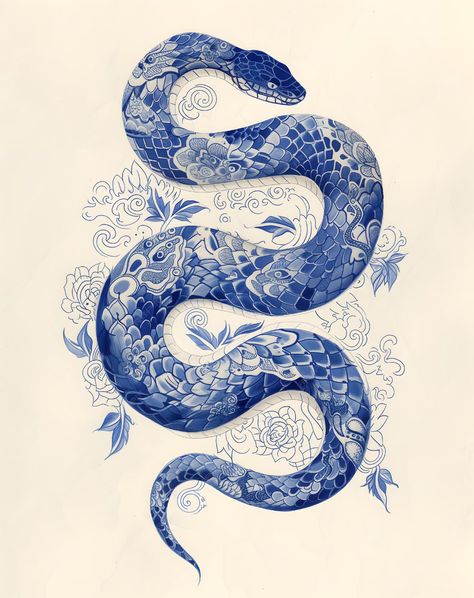 Minimalist delicate snake and flowers illustration Blue and white porcelain oriental tattoo sketch | Premium AI-generated image China Patterns Design, Blue And White Porcelain Tattoo, Porcelain Style Tattoo, Blue Snake Tattoo, Blue Tattoos On Brown Skin, Blue And White Porcelain Pattern, Snake Illustration Art, Blue And White Tattoo, Snake With Flowers